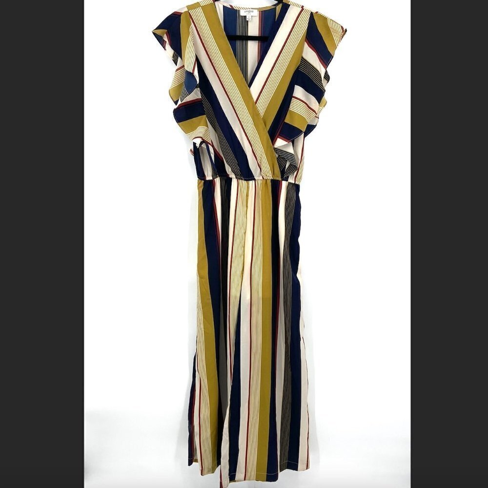 UMGEE Olive Mustard Yellow Blue Striped Ruffle Wide Leg Faux Wrap Jumpsuit Small